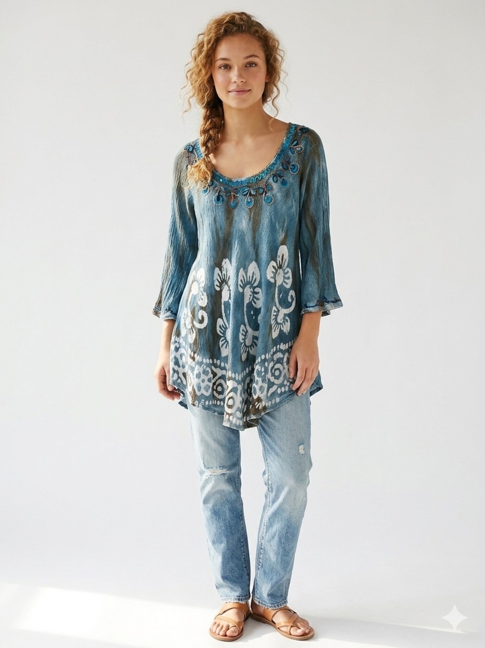 Shoreline Tie-Dye Boho Tunic Top Size L/XL Peasant Cottagecore Whimsigoth Hippie